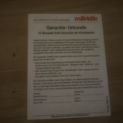 Märklin garantie urkunde - märklin,
